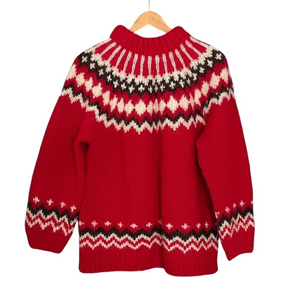 HAND KNIT Wool Fair Isle Nordic Chunky Knit Sweater Red Cream Black L - Picture 4 of 7